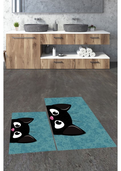 Dijital Baskılı Yıkanabilir Kedi Desenli Ikili Banyo Halısı Paspas, Klozet-40-Mavi, fiyatları