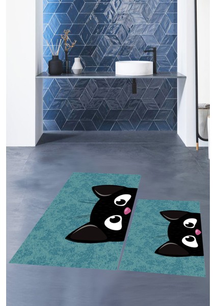 Dijital Baskılı Yıkanabilir Kedi Desenli Ikili Banyo Halısı Paspas, Klozet-40-Mavi, modelleri