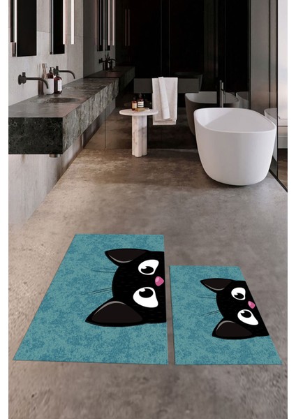 Dijital Baskılı Yıkanabilir Kedi Desenli Ikili Banyo Halısı Paspas, Klozet-40-Mavi, fırsatları