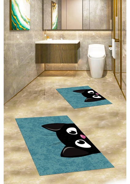 Dijital Baskılı Yıkanabilir Kedi Desenli Ikili Banyo Halısı Paspas, Klozet-40-Mavi, indirimleri