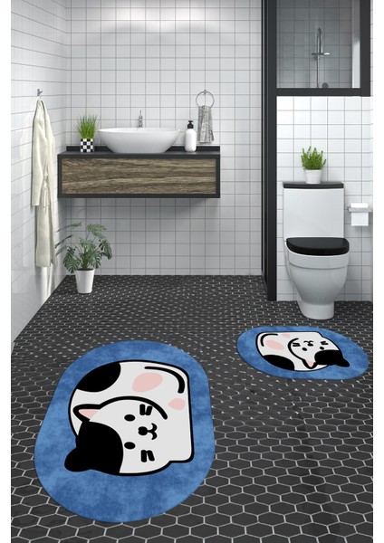3D Dijital Baskılı Yıkanabilir Kedi Desenli Ikili Banyo Halısı Paspas Oval, Klozet-43-Mavi,