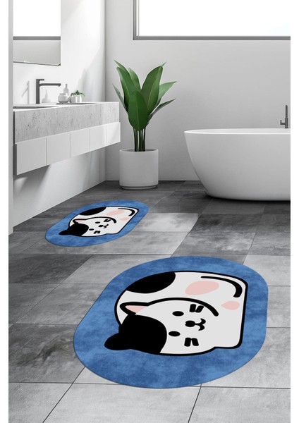 3D Dijital Baskılı Yıkanabilir Kedi Desenli Ikili Banyo Halısı Paspas Oval, Klozet-43-Mavi,