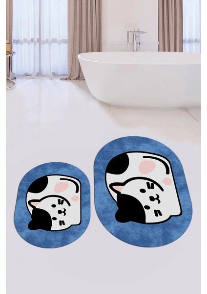 3D Dijital Baskılı Yıkanabilir Kedi Desenli Ikili Banyo Halısı Paspas Oval, Klozet-43-Mavi,