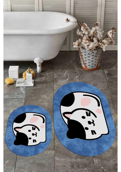 3D Dijital Baskılı Yıkanabilir Kedi Desenli Ikili Banyo Halısı Paspas Oval, Klozet-43-Mavi,