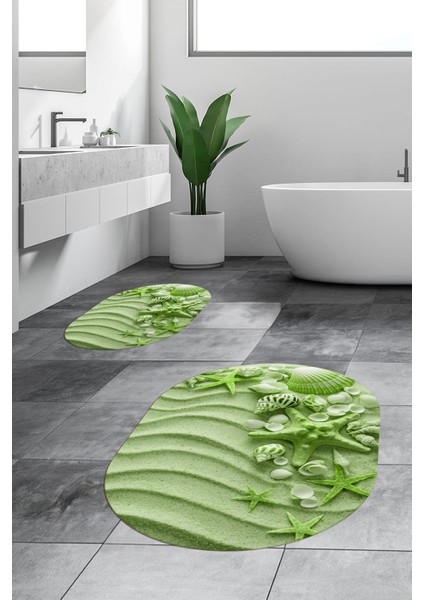 3D Dijital Baskılı Yıkanabilir Modern Ikili Banyo Halısı Paspas Oval, Klozet-48-Yeşil,