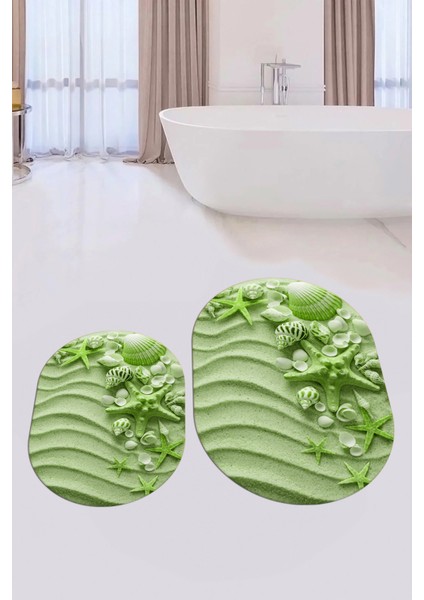 3D Dijital Baskılı Yıkanabilir Modern Ikili Banyo Halısı Paspas Oval, Klozet-48-Yeşil, modelleri