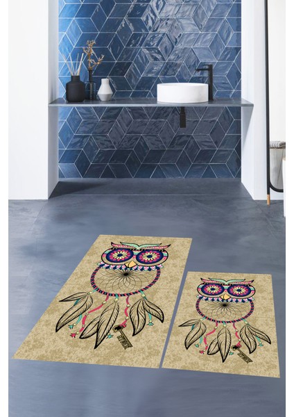 Dijital Baskılı Yıkanabilir Baykuş Desenli Ikili Banyo Halısı Paspas, Klozet-35-Kahve, fırsatları