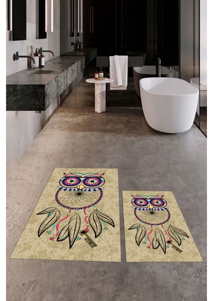 Dijital Baskılı Yıkanabilir Baykuş Desenli Ikili Banyo Halısı Paspas, Klozet-35-Kahve, indirimleri