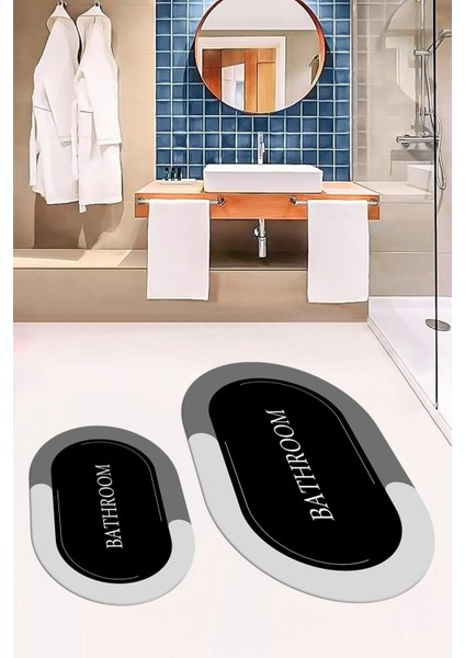 Dijital Baskılı Yıkanabilir Bathroom Yazılı Oval Banyo Paspası, Klozet-02-Siyah,