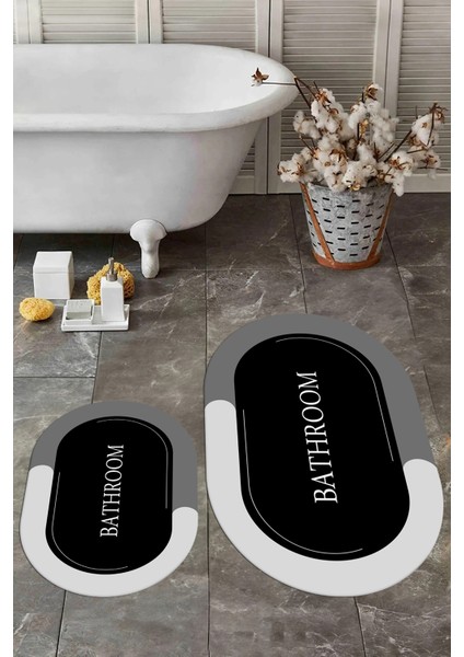 Dijital Baskılı Yıkanabilir Bathroom Yazılı Oval Banyo Paspası, Klozet-02-Siyah, modelleri
