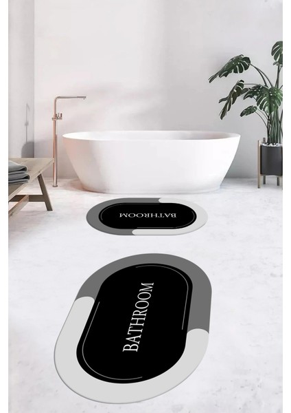 Dijital Baskılı Yıkanabilir Bathroom Yazılı Oval Banyo Paspası, Klozet-02-Siyah, fırsatları