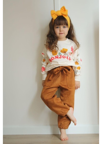 Kız Çocuk Bonjour Yazılı Süet Pantolonlu Ikili Takım