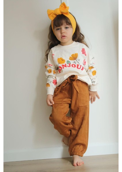 Kız Çocuk Bonjour Yazılı Süet Pantolonlu Ikili Takım fiyatları