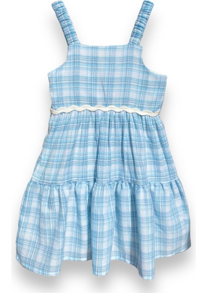 Kız Çocuk Mavi Ekoseli Fırfırlı Elbise