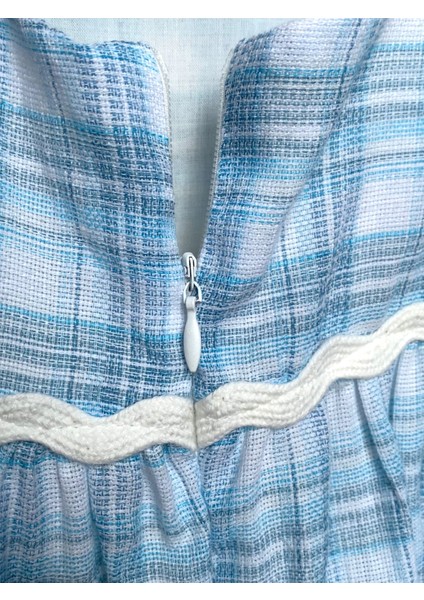 Kız Çocuk Mavi Ekoseli Fırfırlı Elbise fiyatları