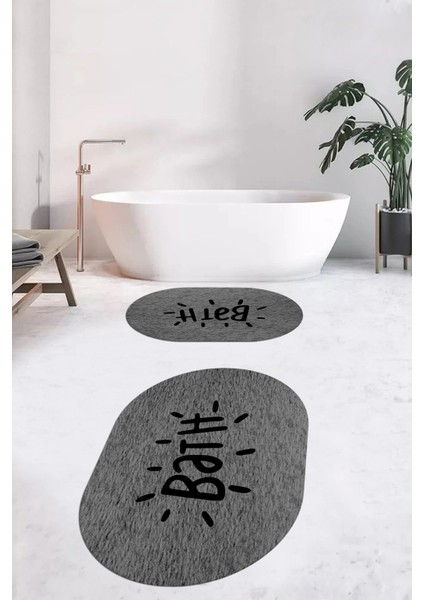 Dijital Baskılı Yıkanabilir Bath Yazılı Ikili Oval Banyo Halısı Paspas, Klozet-09-Gri, modelleri