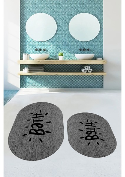 Dijital Baskılı Yıkanabilir Bath Yazılı Ikili Oval Banyo Halısı Paspas, Klozet-09-Gri, fırsatları