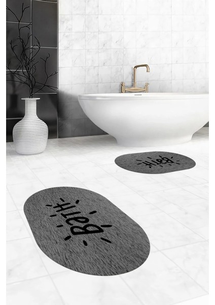 Dijital Baskılı Yıkanabilir Bath Yazılı Ikili Oval Banyo Halısı Paspas, Klozet-09-Gri, indirimleri