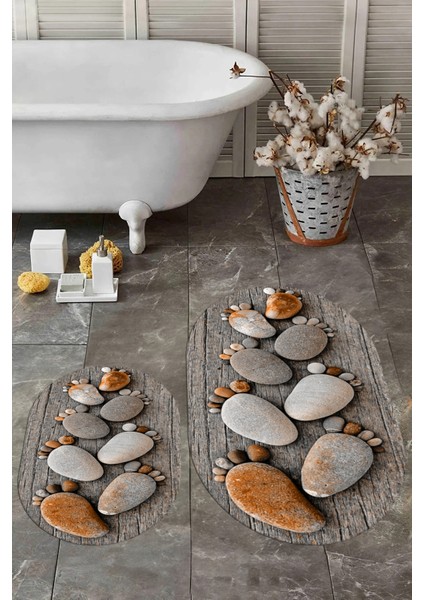 3D Dijital Baskılı Yıkanabilir Ayak Izi Desenli Ikili Oval Banyo Halısı Paspas, Klozet-15-Kahve,