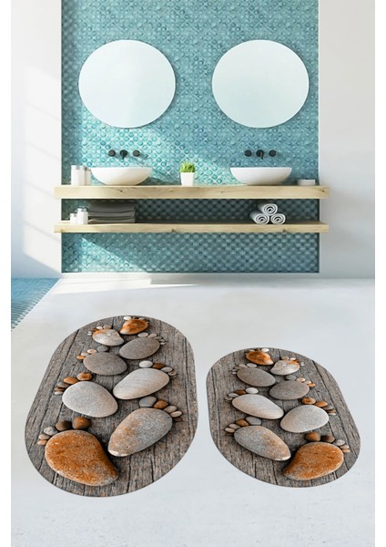 3D Dijital Baskılı Yıkanabilir Ayak Izi Desenli Ikili Oval Banyo Halısı Paspas, Klozet-15-Kahve, modelleri