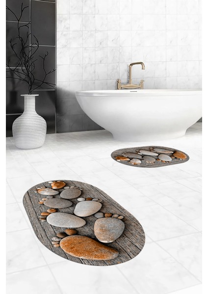 3D Dijital Baskılı Yıkanabilir Ayak Izi Desenli Ikili Oval Banyo Halısı Paspas, Klozet-15-Kahve, fırsatları