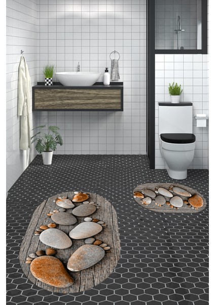 3D Dijital Baskılı Yıkanabilir Ayak Izi Desenli Ikili Oval Banyo Halısı Paspas, Klozet-15-Kahve, indirimleri