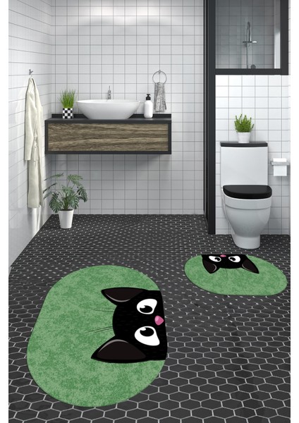 Dijital Baskılı Yıkanabilir Kedi Desenli Ikili Banyo Halısı Paspas Oval, Klozet-40-Yeşil,