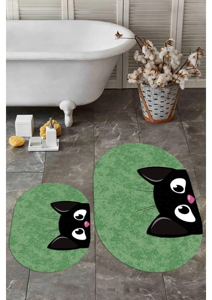 Dijital Baskılı Yıkanabilir Kedi Desenli Ikili Banyo Halısı Paspas Oval, Klozet-40-Yeşil, indirimleri