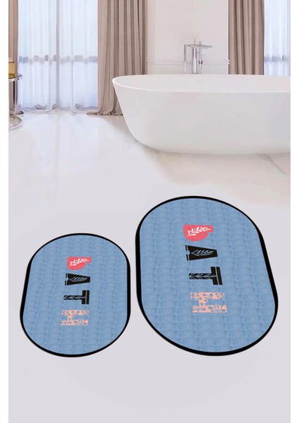 Dijital Baskılı Yıkanabilir Renkli Bath Yazılı Ikili Oval Banyo Paspası, Klozet-08-Mavi, fiyatları