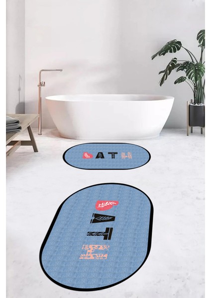 Dijital Baskılı Yıkanabilir Renkli Bath Yazılı Ikili Oval Banyo Paspası, Klozet-08-Mavi, fırsatları
