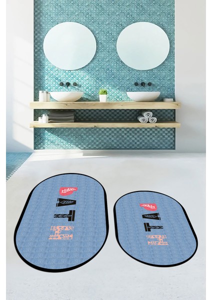 Dijital Baskılı Yıkanabilir Renkli Bath Yazılı Ikili Oval Banyo Paspası, Klozet-08-Mavi, indirimleri