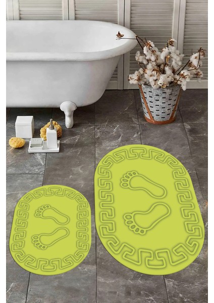 Dijital Baskılı Yıkanabilir Çerçeveli Ayak Izi Desenli Ikili Oval Banyo Halısı, Klozet-18-Yeşil,
