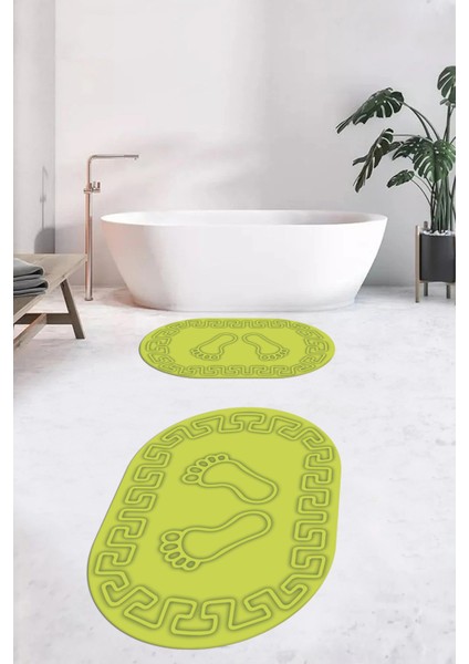 Dijital Baskılı Yıkanabilir Çerçeveli Ayak Izi Desenli Ikili Oval Banyo Halısı, Klozet-18-Yeşil, fiyatları