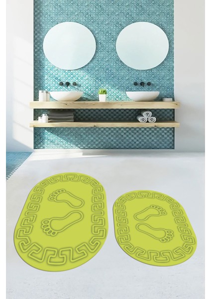 Dijital Baskılı Yıkanabilir Çerçeveli Ayak Izi Desenli Ikili Oval Banyo Halısı, Klozet-18-Yeşil, modelleri