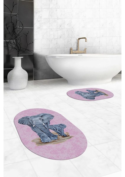 Dijital Baskılı Yıkanabilir Modern Fil Desenli Ikili Banyo Halısı Paspas Oval, Klozet-33-Pembe,
