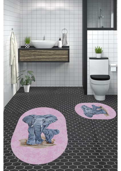 Dijital Baskılı Yıkanabilir Modern Fil Desenli Ikili Banyo Halısı Paspas Oval, Klozet-33-Pembe, fiyatları