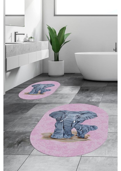 Dijital Baskılı Yıkanabilir Modern Fil Desenli Ikili Banyo Halısı Paspas Oval, Klozet-33-Pembe, modelleri