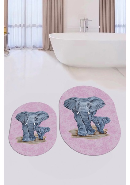Dijital Baskılı Yıkanabilir Modern Fil Desenli Ikili Banyo Halısı Paspas Oval, Klozet-33-Pembe, indirimleri