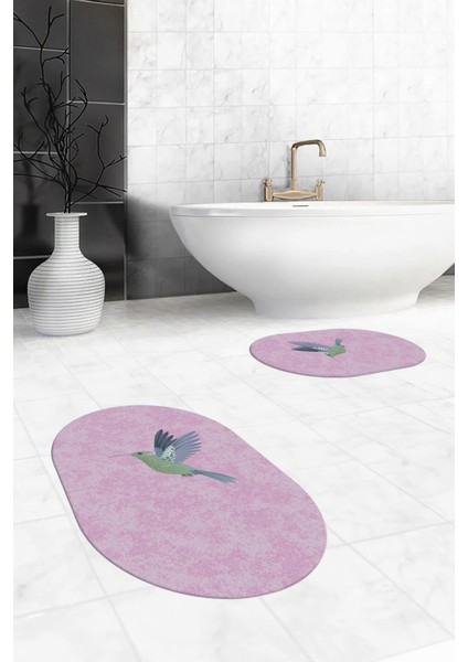 Dijital Baskılı Yıkanabilir Modern Kuş Desenli Ikili Banyo Halısı Paspas Oval, Klozet-36-Pembe,