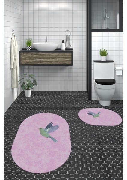 Dijital Baskılı Yıkanabilir Modern Kuş Desenli Ikili Banyo Halısı Paspas Oval, Klozet-36-Pembe, fiyatları