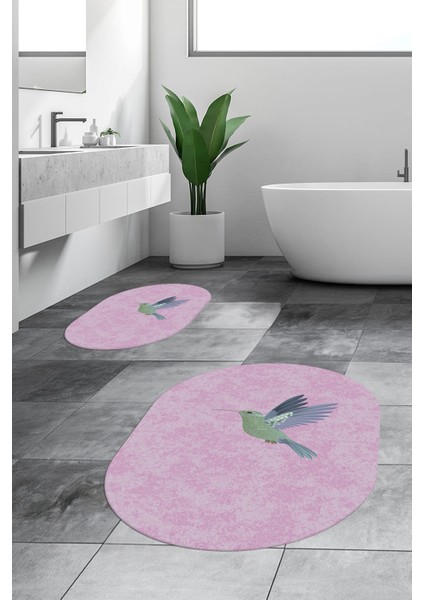 Dijital Baskılı Yıkanabilir Modern Kuş Desenli Ikili Banyo Halısı Paspas Oval, Klozet-36-Pembe, modelleri