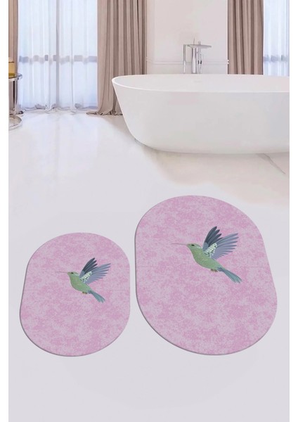 Dijital Baskılı Yıkanabilir Modern Kuş Desenli Ikili Banyo Halısı Paspas Oval, Klozet-36-Pembe, indirimleri