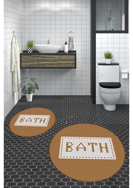 Dijital Baskılı Mozaik Desenli Bath Yazılı Ikili Yuvarlak Banyo Paspası, Klozet-07-Kahve,