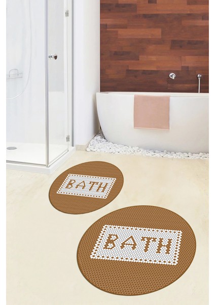 Dijital Baskılı Mozaik Desenli Bath Yazılı Ikili Yuvarlak Banyo Paspası, Klozet-07-Kahve, modelleri