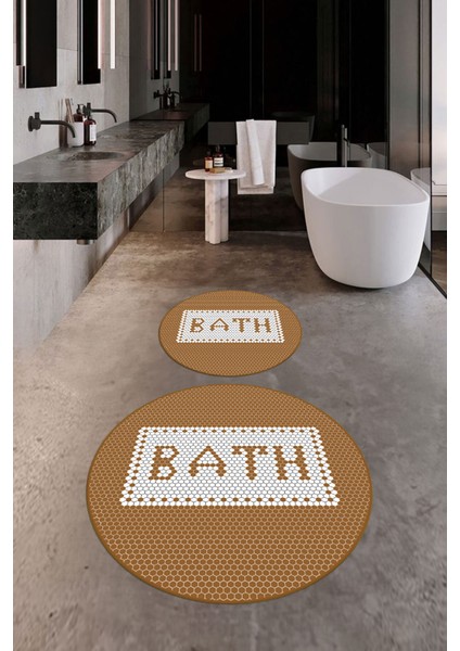Dijital Baskılı Mozaik Desenli Bath Yazılı Ikili Yuvarlak Banyo Paspası, Klozet-07-Kahve, indirimleri