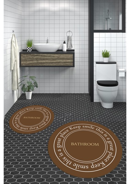 Dijital Baskılı Yıkanabilir Desenli Bathroom Yazılı Yuvarlak Banyo Paspası, Klozet-05-Kahve,