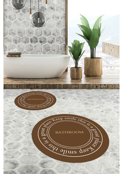 Dijital Baskılı Yıkanabilir Desenli Bathroom Yazılı Yuvarlak Banyo Paspası, Klozet-05-Kahve,