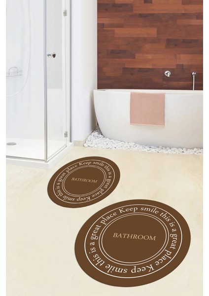 Dijital Baskılı Yıkanabilir Desenli Bathroom Yazılı Yuvarlak Banyo Paspası, Klozet-05-Kahve,