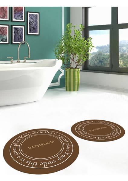 Dijital Baskılı Yıkanabilir Desenli Bathroom Yazılı Yuvarlak Banyo Paspası, Klozet-05-Kahve,