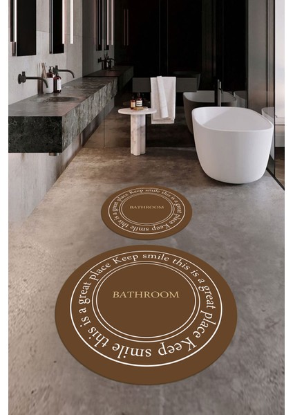 Dijital Baskılı Yıkanabilir Desenli Bathroom Yazılı Yuvarlak Banyo Paspası, Klozet-05-Kahve,